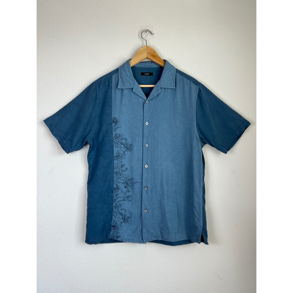 Alfani Mens Silk Blend Camp Collar Shirt M Blue Floral Embroidered Resort Casual